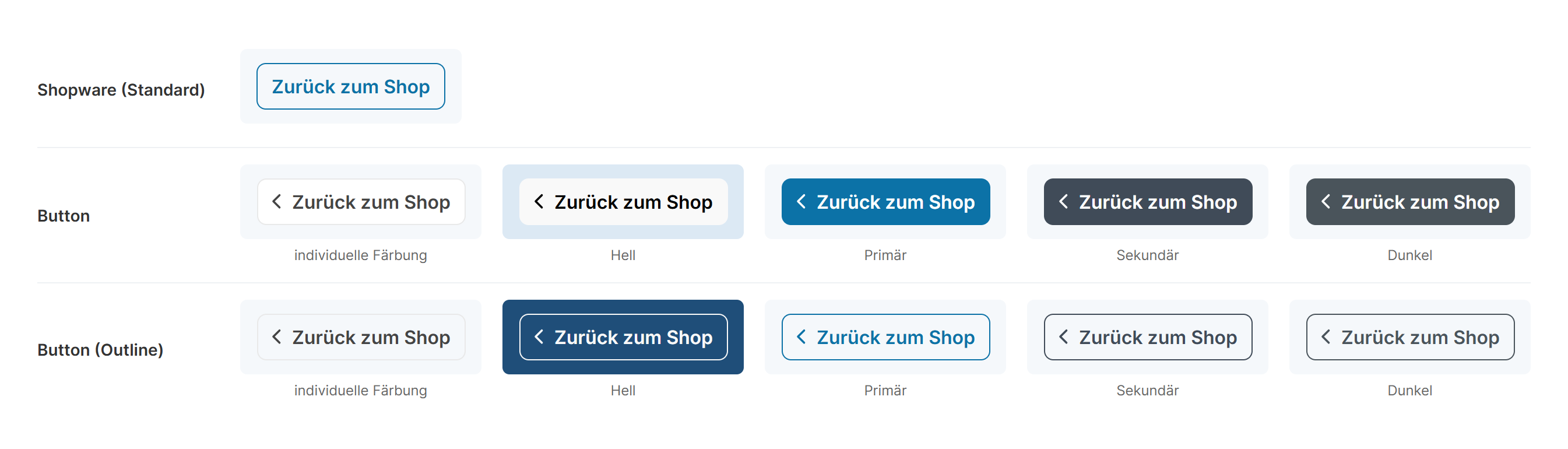 Der Zurück-Button in allen Darstellungsarten und Buttonfarben